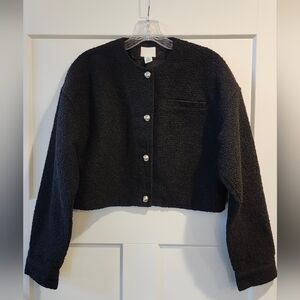 H&M Black Teddy Bouclé Cropped Jacket with Silver Buttons